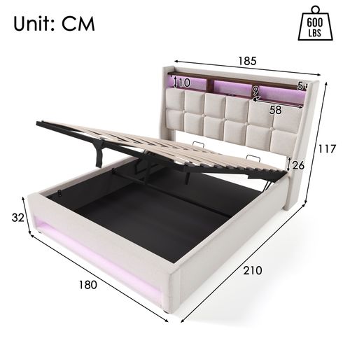 Lit Coffre Adulte 180x200 Cm Avec LED, Port USB, Rangement, Lin Beige