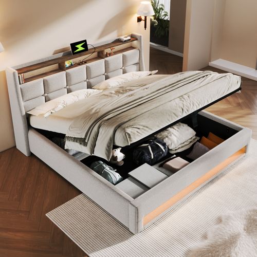 Lit Coffre Adulte 160x200 Cm Avec LED, Port USB, Rangement, Lin Beige