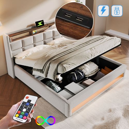 Lit Coffre Adulte 160x200 Cm Avec LED, Port USB, Rangement, Lin Beige