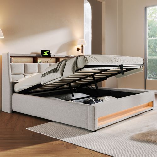 Lit Coffre Adulte 160x200 Cm Avec LED, Port USB, Rangement, Lin Beige