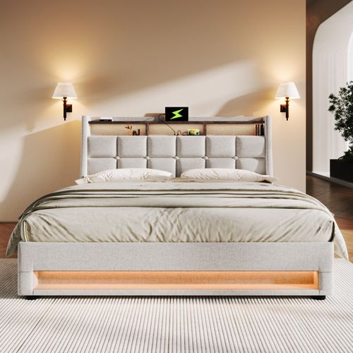 Lit Coffre Adulte 160x200 Cm Avec LED, Port USB, Rangement, Lin Beige