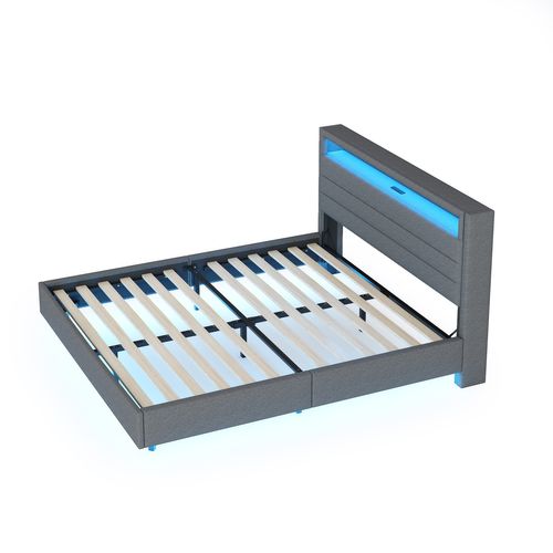 Lit Adulte 140x200 Cm En Lin Gris Avec LED, USB, Tête Rotative