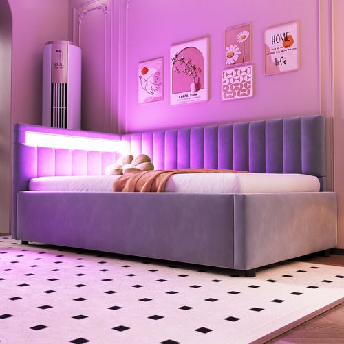 Lit Coffre Enfant 90x200 Avec LED, Rangement, Velours Gris, Tête De Lit