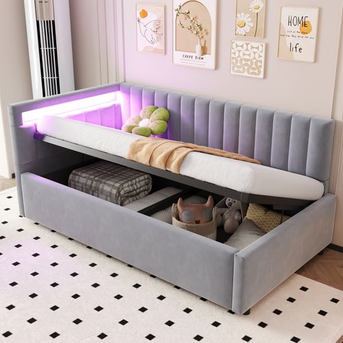 Lit Coffre Enfant 90x200 Avec LED, Rangement, Velours Gris, Tête De Lit