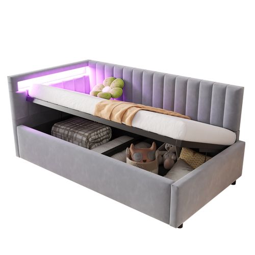 Lit Coffre Enfant 90x200 Avec LED, Rangement, Velours Gris, Tête De Lit
