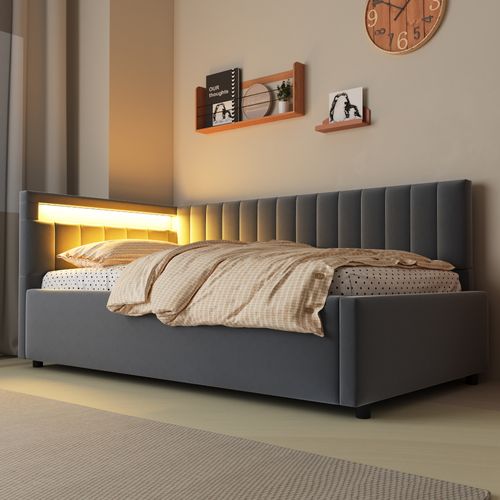 Lit Coffre Enfant 90x200 Avec LED, Rangement, Velours Gris, Tête De Lit