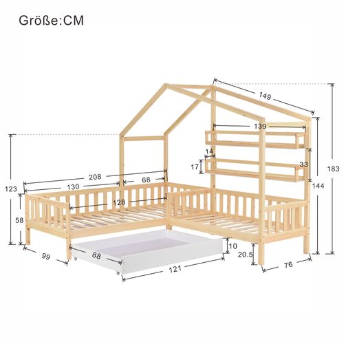 Lit Cabane Enfant 90x200 + 140x70 Cm En Bois Avec Tiroir, Étagères Et Barrière
