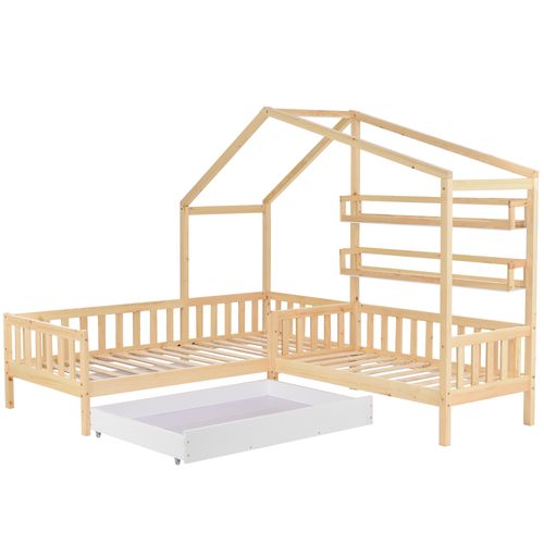 Lit Cabane Enfant 90x200 + 140x70 Cm En Bois Avec Tiroir, Étagères Et Barrière