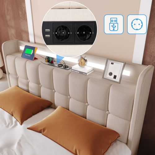 Lit Enfant 90x200 cm Avec 2 Tiroirs, LED, USB, Prises, Lin, Beige