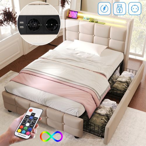 Lit Enfant 90x200 cm Avec 2 Tiroirs, LED, USB, Prises, Lin, Beige