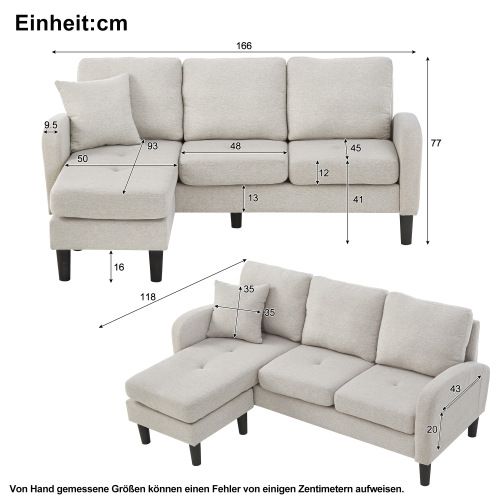 Canapé d'angle méridienne, canapé 3 Places, 166x118x77cm, Coton Et Lin, Beige-gris