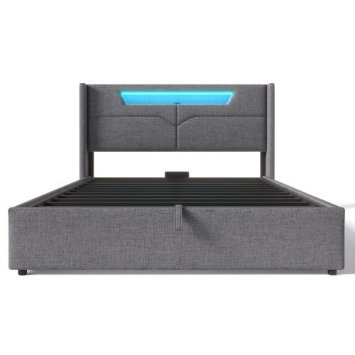 Lit Coffre Adulte 140x200cm, Avec Tête De Lit De LED Et USB, Lin, Gris