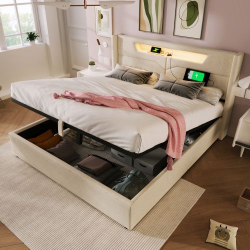 Lit Coffre 160x200 cm, Lit Adulte, Lit Avec Rangement, Tête De Lit De LED Et USB, En Lin Beige