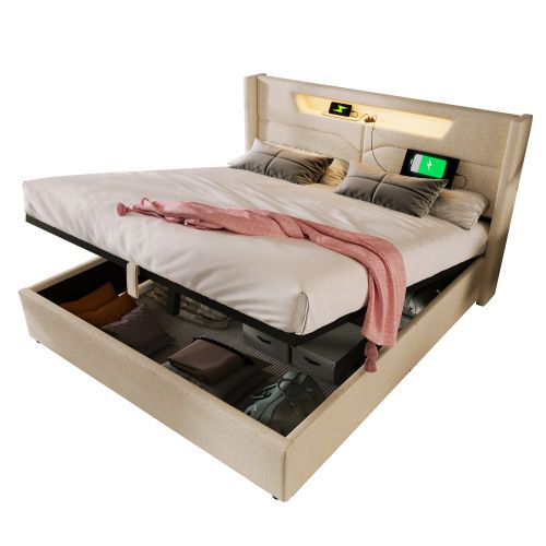 Lit Coffre 160x200 cm, Lit Adulte, Lit Avec Rangement, Tête De Lit De LED Et USB, En Lin Beige