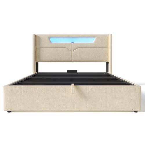 Lit Coffre 160x200 cm, Lit Adulte, Lit Avec Rangement, Tête De Lit De LED Et USB, En Lin Beige