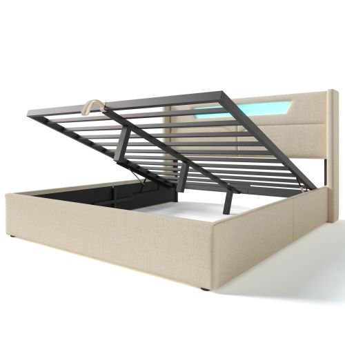 Lit Coffre Adulte 140x200cm, Avec Tête De Lit De LED Et USB, Lin, Beige