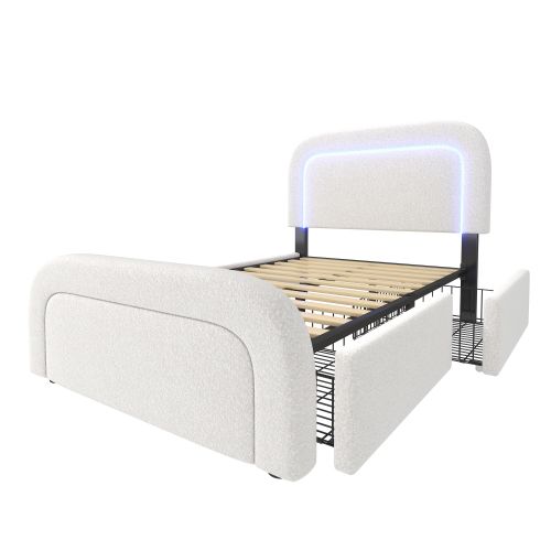 Lit Enfant 90x200 cm Avec 2 Tiroirs de rangement, LED et charge USB, Tissu Sherpa, Blanc