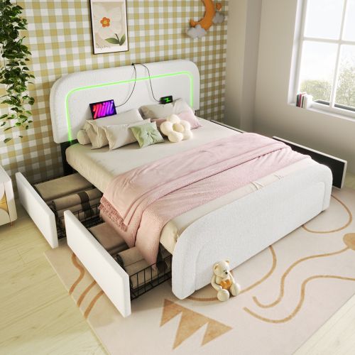Lit Adulte 160x200 Avec LED, USB Et 4 Tiroirs, Tissu Sherpa, Blanc