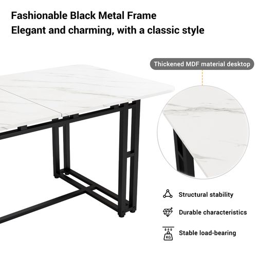 Table à Manger De Luxe Légère 140x80x74cm, Structure En Métal, Noir + Blanc