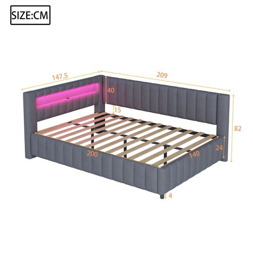 Lit Adulte 140x200 En Velours Avec Lumière LED, Prise USB, Appui-tête, Gris Foncé