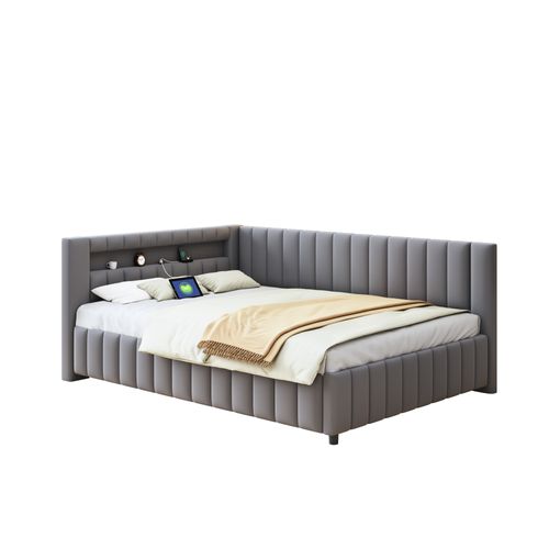 Lit Adulte 140x200 En Velours Avec Lumière LED, Prise USB, Appui-tête, Gris Foncé