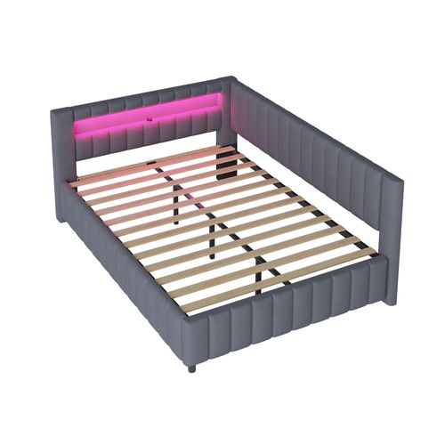 Lit Adulte 140x200 En Velours Avec Lumière LED, Prise USB, Appui-tête, Gris Foncé