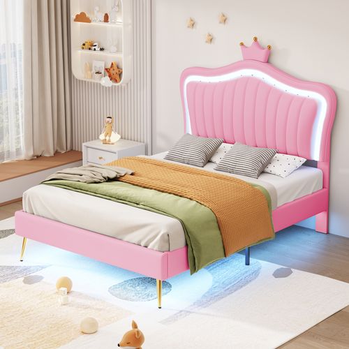 Lit Enfant 90x200 En Pu Cuir Avec Couronne LED, Design Coquille Et Sommier Inclus, Rose