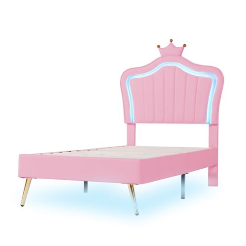 Lit Enfant 90x200 En Pu Cuir Avec Couronne LED, Design Coquille Et Sommier Inclus, Rose