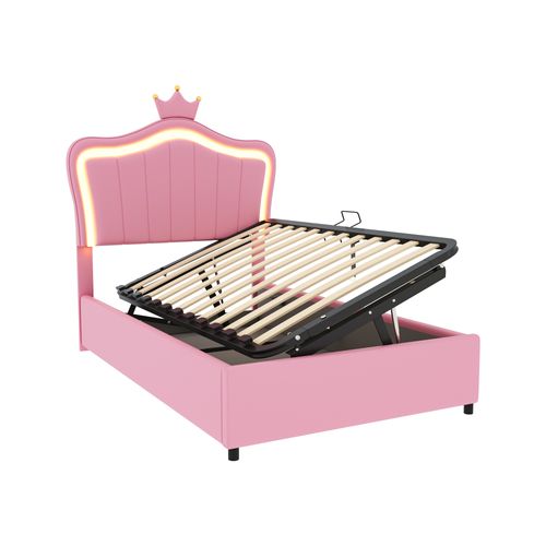 Lit Enfant 90x200 Cm Avec Rangement Hydraulique, Éclairage LED, Sommier Inclus, Cuir Pu Rose