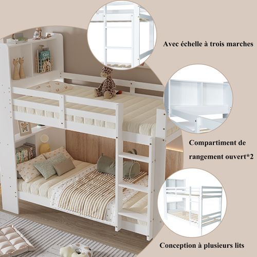Lit Superposé 90x200 Cm Avec Étagères, Rangement Intégré, En Bois, Blanc