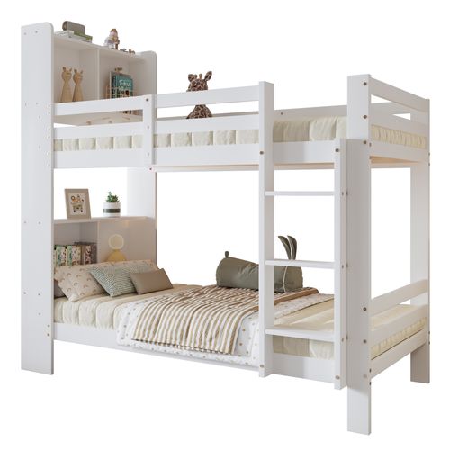 Lit Superposé 90x200 Cm Avec Étagères, Rangement Intégré, En Bois, Blanc