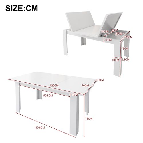 Table à Manger Rectangulaire Simple Et Moderne 120x70x75cm, Avec Fonction De Rangement, Blanche