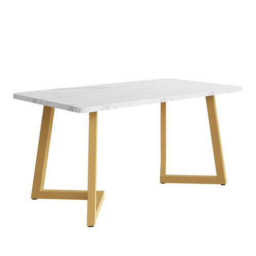 Table à Manger Rectangulaire Moderne Mdf + Motif Marbre 117x68x75cm, Structure En Métal, Blanc/doré