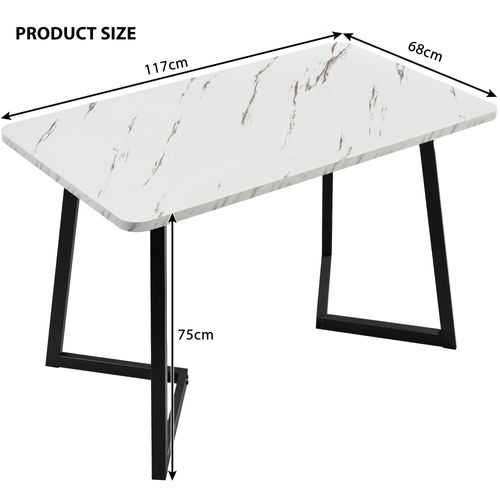 Table à Manger Rectangulaire Moderne 117x68x75cm, Mdf + Motif Marbre + Pied Métal Noir, Blanc/noir