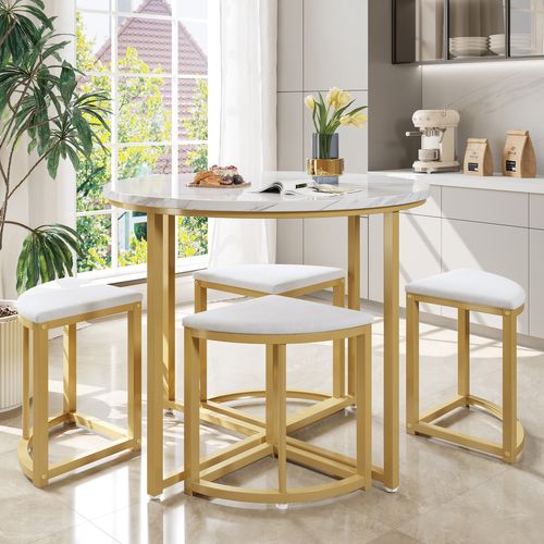 Ensemble Table Et Chaises De Luxe Moderne, Quatre Chaises, Coussins En Velours Blanc, Blanc/doré