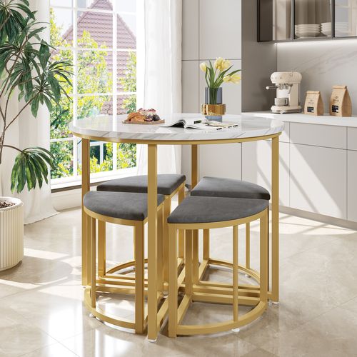 Ensemble Table Et Chaises De Luxe Moderne, Quatre Chaises, Coussins En Velours Gris, Blanc/doré