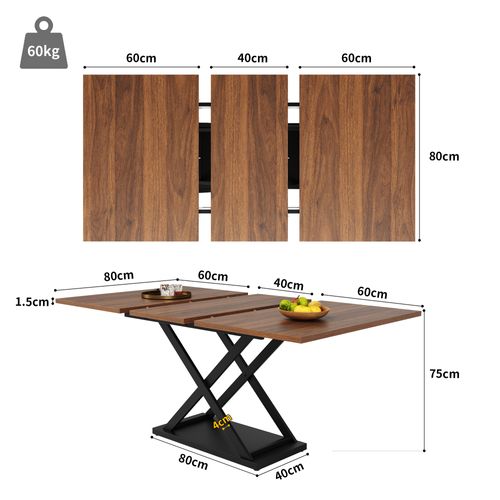 Table à Manger Extensible 120/160x80x75cm, Pieds Croisés En Fer Noir, Noyer + Noir