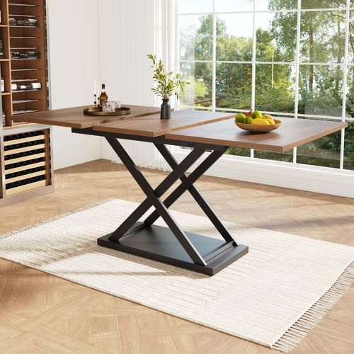 Table à Manger Extensible 120/160x80x75cm, Pieds Croisés En Fer Noir, Noyer + Noir