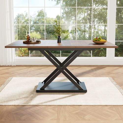 Table à Manger Extensible 120/160x80x75cm, Pieds Croisés En Fer Noir, Noyer + Noir