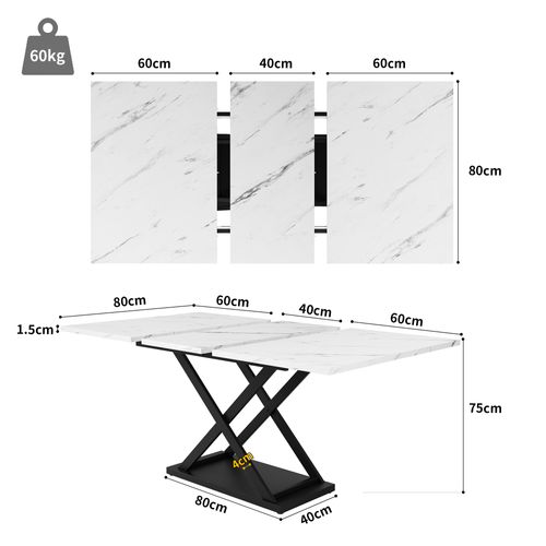 Table à Manger Extensible 120/160x80x75cm, Pieds Croisés En Fer Noir, Blanc + Noir