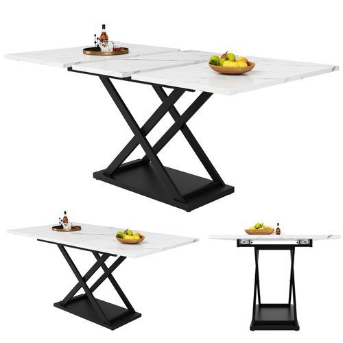 Table à Manger Extensible 120/160x80x75cm, Pieds Croisés En Fer Noir, Blanc + Noir