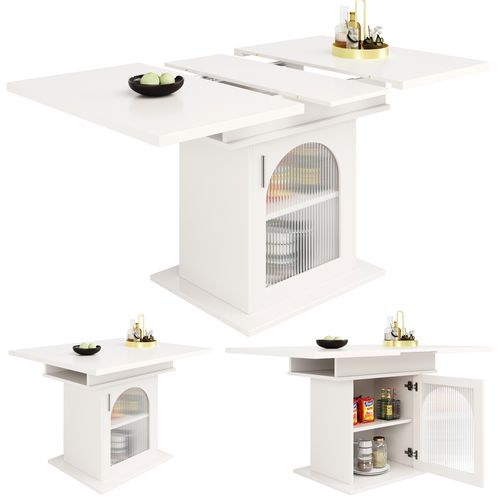Table à Manger Extensible 110/140x80x76cm, Avec Espace De Rangement, Blanc
