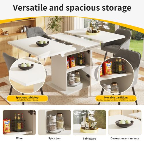 Table à Manger Extensible 110/140x80x76cm, Avec Espace De Rangement, Blanc