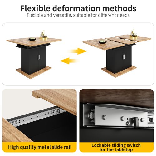 Table à Manger Extensible 110/140x70x76cm, Porte De Placard Ondulée, Couleur Bois D'origine + Noir