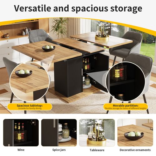 Table à Manger Extensible 110/140x70x76cm, Porte De Placard Ondulée, Couleur Bois D'origine + Noir