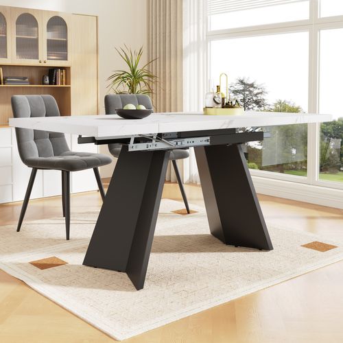 Table à Manger Extensible 99/159x74x77cm, Plateau En Mdf Blanc, Pieds Plats, Noir + Blanc