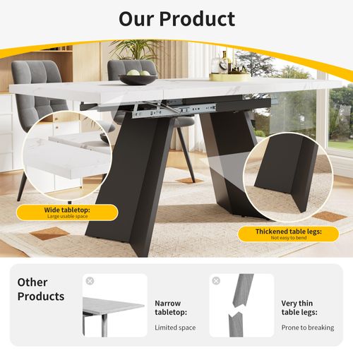 Table à Manger Extensible 99/159x74x77cm, Plateau En Mdf Blanc, Pieds Plats, Noir + Blanc