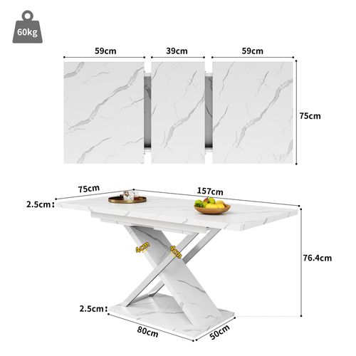 Table à Manger Rectangulaire Extensible 118/157x75x76,4cm, Avec Pieds Croisés, Blanche