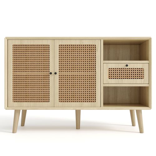 Buffet Moderne 120x40x80cm, 1 Tiroir Et 2 Portes Magnétiques, Pieds En Bois Massif, Couleur Chêne