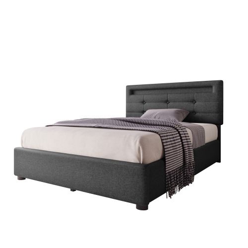 Lit Enfant 90x200cm Avec 2 Tiroirs, Cadre De Lit Avec Éclairage LED, Tête De Lit Réglable, Lin Gris